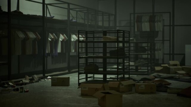 Dim storage room with hanging shirts and pallet of boxes, slow fashion backroom concept with careful curation role suggested, soft green tint and dense shelf