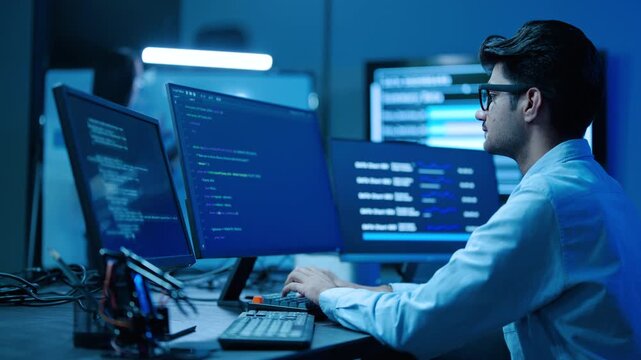 Focused young male software developer typing computer code on multiple monitors in a dark high-tech office with blue neon lighting. IT programmer working late on cybersecurity system network.