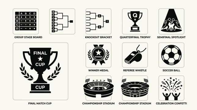 Geometric flat silhouette icon set of football tournament stages, group stage board, knockout bracket, quarterfinal trophy, semifinal spotlight, final match cup, winner medal, referee whistle, soccer 