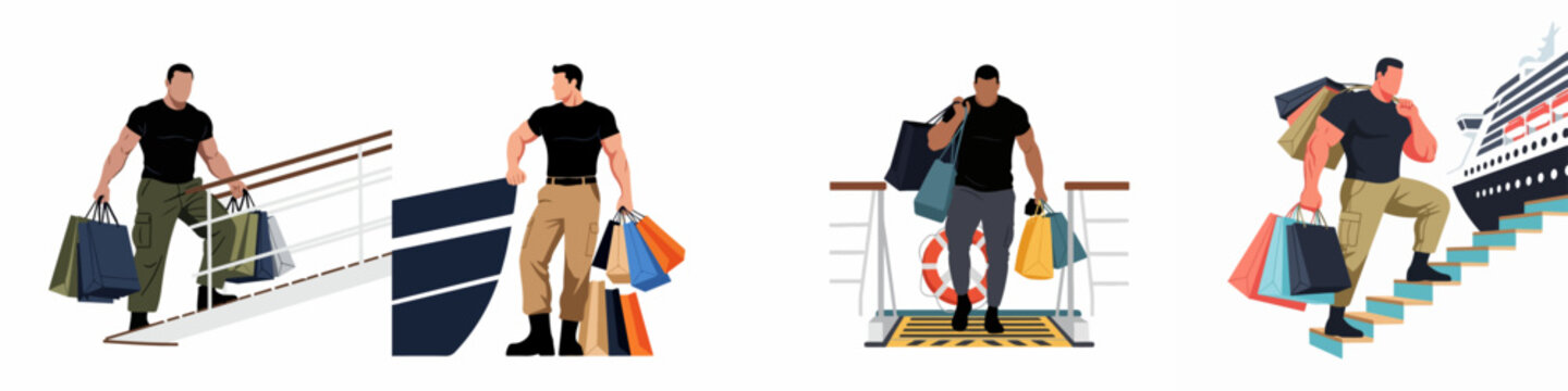 Set of illustrations featuring muscular men carrying many shopping bags while boarding or departing from a ship or cruise liner.