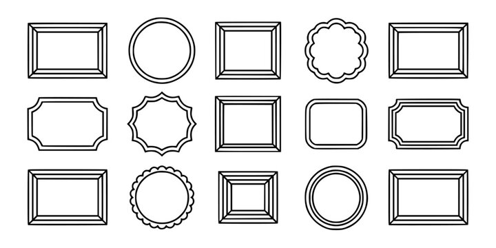 Picture Frame Icons Set, Black Line Art on White Background, Circular and Rectangular Decorative Borders for Design Templates
