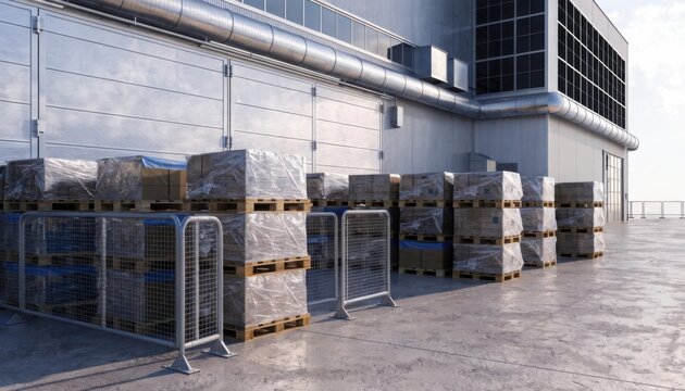 Industrial warehouse building exterior with stacked wooden pallets loaded with boxes wrapped in plastic film waiting for shipment in bright daylight at modern shipping distribution hub.