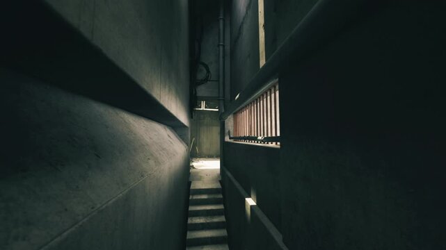 Narrow concrete stairwell bathed in shaft light, steep worn steps, metal railing casting long shadows, textured walls, cinematic moody atmosphere, urban decay