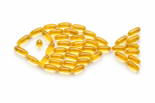 Soft gelatin Fish oil capsules arranged in a fish shape on a white background