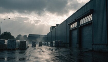 Fototapeta premium Moody industrial landscape with wet ground and warehouse exterior featuring closed loading doors and stacked pallets under dramatic cloudy sky during rainy weather in business district.