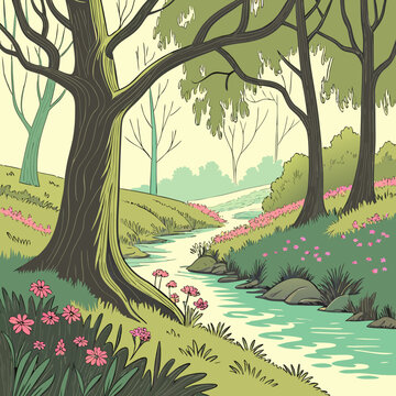 Large tree with a stream in a lush green landscape with flowers and trees in the background landscape environment wilderness ecosystem biodiversity greenery vegetation botanical verdurous