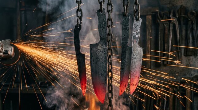 Blacksmith grinding three hanging knife blades with intense orange sparks flying in dark forge workshop