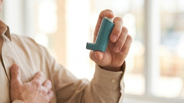 Man holding asthma inhaler while feeling chest pain. Patient using medical device for breathing support and respiratory treatment. Allergy, chronic condition and healthcare management concept.