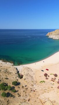 Aerial View of Sunny Pachia Ammos Beach on Samothraki Island Greece