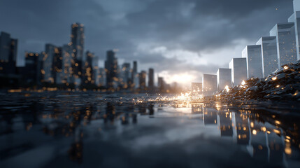 Obraz premium Cityscape Reflections: A futuristic cityscape at twilight, with towering skyscrapers reflecting in the wet, illuminated street mirroring the dramatic sky and the bright city lights.