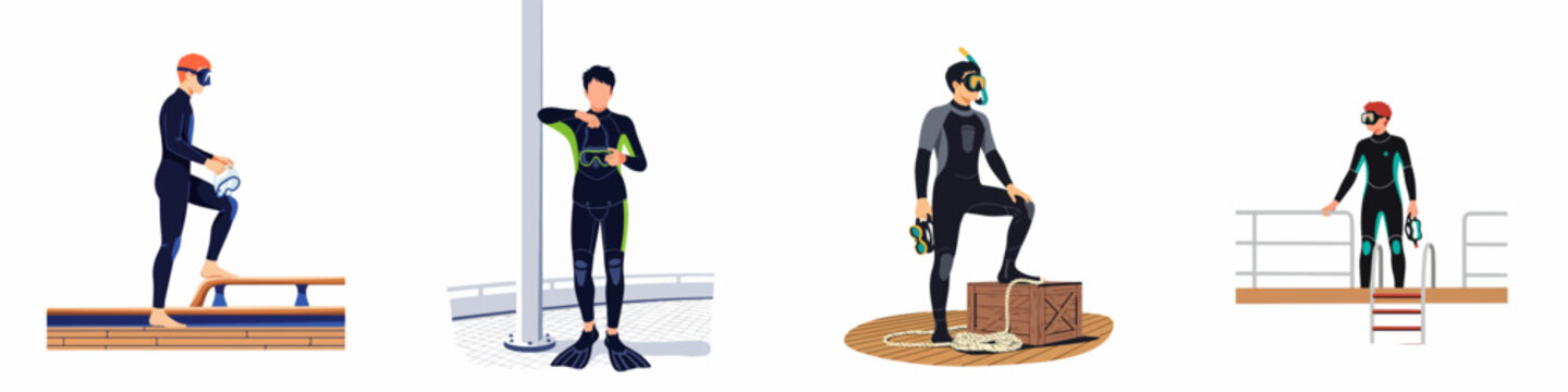 Collection of four vector illustrations featuring male scuba divers in full wetsuits and diving gear, getting ready for underwater adventures.