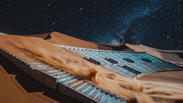 Sand sweeping over empty outdoor stadium bleachers at night. Desert stage buried by dunes under starry sky. Nature reclaiming modern architectural structure