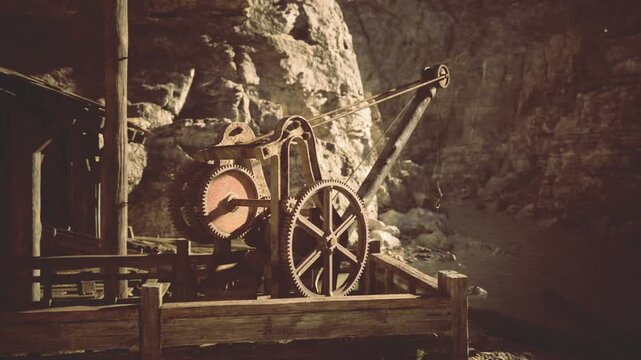 Sunlit wooden ore wheel on platform, wild west mining rig abandoned on cliffside, weathered gears and pulley, dustfilled air, warm golden light, rugged canyon