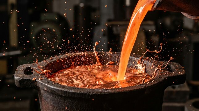 Close up of bright molten copper metal pouring into cast with dramatic sparks and splashes