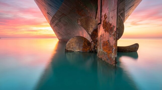 Rusty ship propeller on rocky shore with calm sea and colorful sunset sky in background