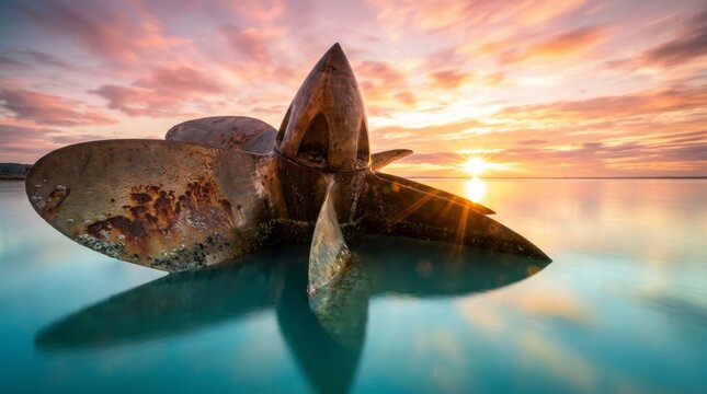 Dramatic rusty ship propeller on wet sand beach with mirror like water reflection at sunset