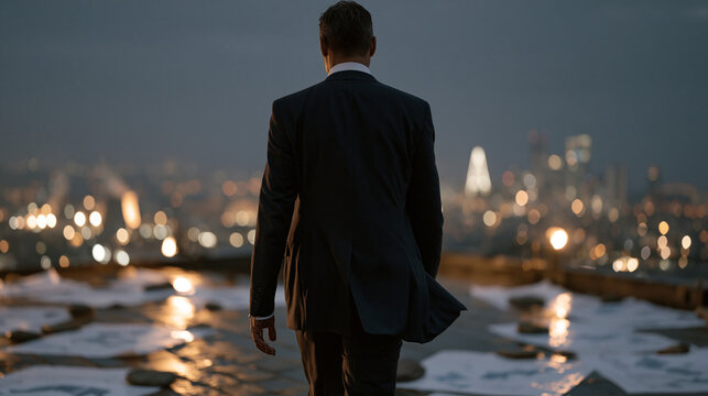 Entrepreneur pacing across a rain soaked industrial rooftop amid scattered competitor analysis charts weighted down by stones, the wet surface reflecting city lights below,