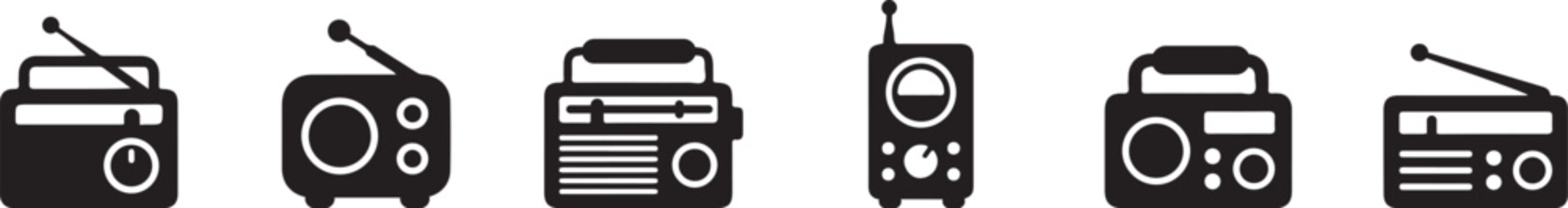 Radio Silhouette Icons Set with FM Receiver Portable Audio Player and Broadcasting Equipment Vector Collection