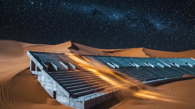 Abandoned stadium grandstand buried in desert sand during starry night time. Wind blowing sand over concrete bleachers against clear dark sky landscape view