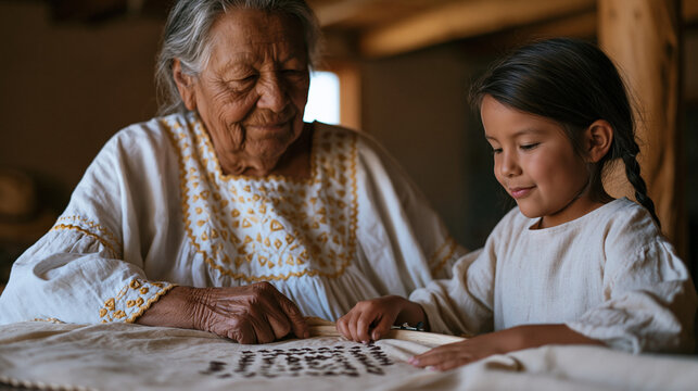 Immigrant grandmother teaching grandchild traditional embroidery pattern, cognitive reserve multilingual household, intergenerational education effect, cultural knowledge