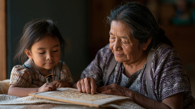 Immigrant grandmother teaching grandchild traditional embroidery pattern, cognitive reserve multilingual household, intergenerational education effect, cultural knowledge