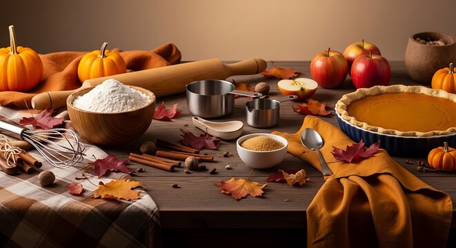Fresh pumpkin pie ingredients with flour and spices on a rustic wooden kitchen table. fall baking essentials 