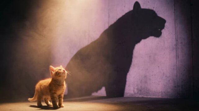 Small ginger kitten looking up with large roaring tiger shadow on the wall. Brave little cat concept representing inner strength, ambition, and hidden potential. Cinematic lighting with smoke.