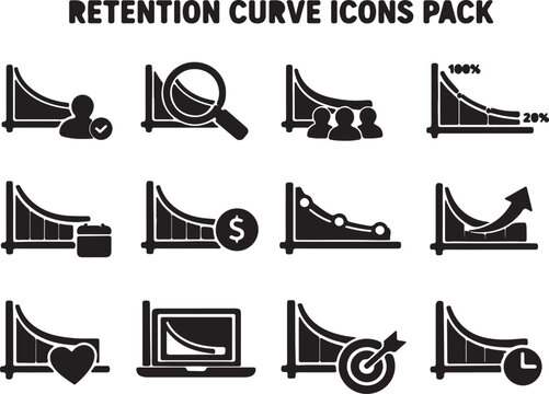 Retention curve icons pack, business data analytics chart set, 12 black vector symbols for customer churn and user growth marketing reports