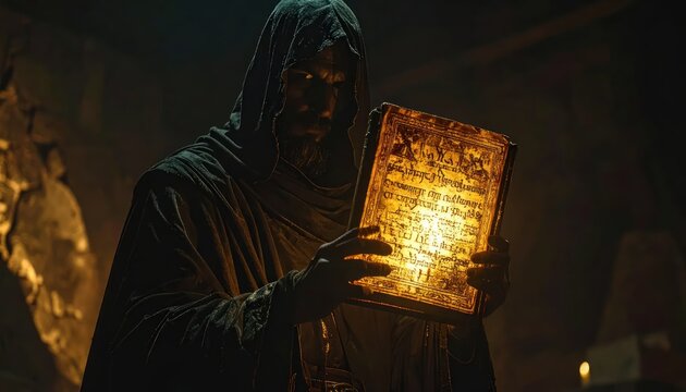Mysterious hooded figure holding an ancient glowing book in dark fantasy setting.