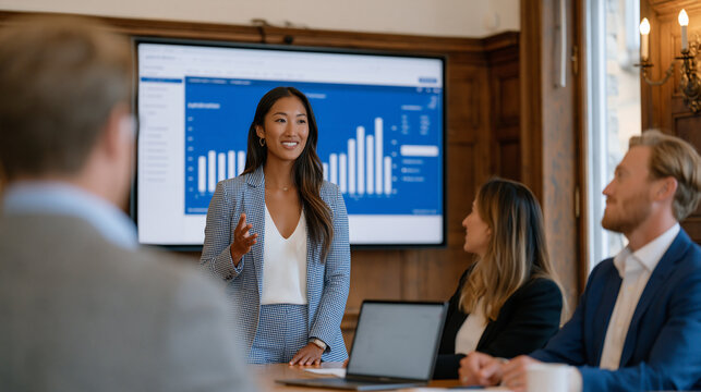 Insurance startup founder presenting disruption pitch to skeptical traditional brokers in boardroom, digital risk assessment dashboard behind her showing automated claims