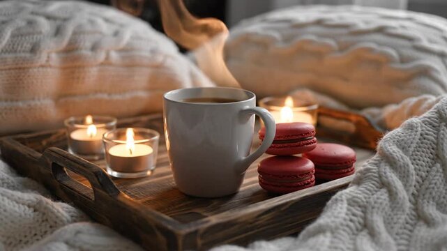 Steaming coffee mug on wooden tray with macarons and candles in cozy bed