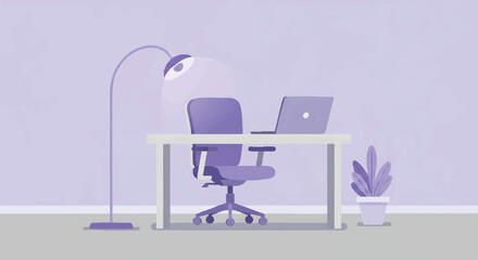 Fototapeta premium Modern Minimalist Home Office Illustration with Desk, Laptop, Ergonomic Chair, and Lamp in Purple Tones