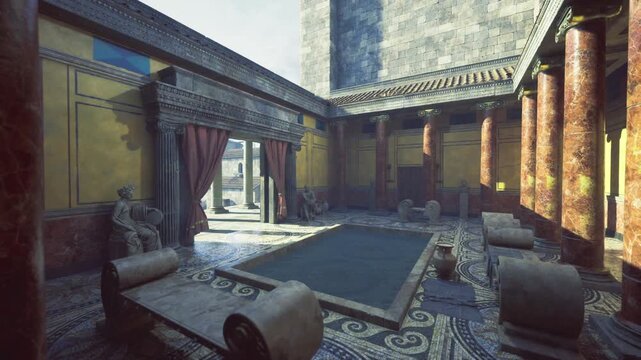 Twilight Alexandria chamber with draped curtains and carved lintels cool blue tones, deep shadows pooling on mosaic floor, heavy textiles framing open portal,
