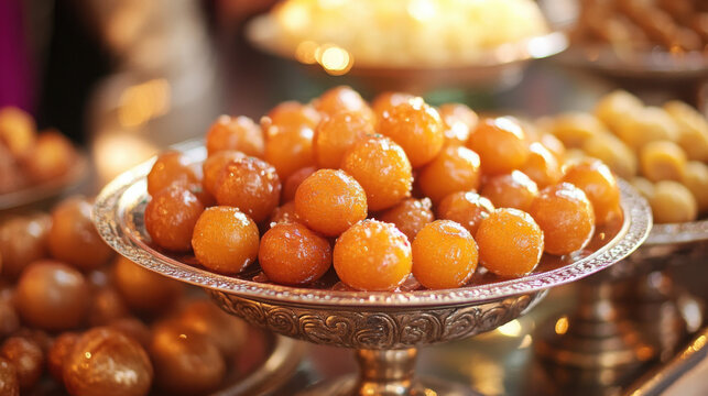 Gulab jamun, a traditional indian sweet dessert served on a silver platter