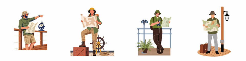 Collection of explorers and travelers in safari outfits holding maps, illustrating themes of adventure, discovery, and navigation for travel and tourism concepts. © Muqodimatul
