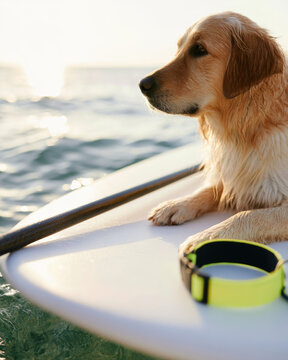Golden retriever paddle board dog collar ocean sea water sunlight outdoor adventure minimalist wet fur canine pet animal sport leisure coastal marine shoreline horizon reflection wave board nose