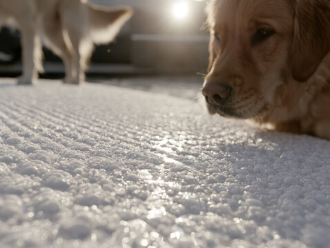 Dog portrait water droplet wet surface white board golden retriever close up sun flare outdoor reflective macro detail