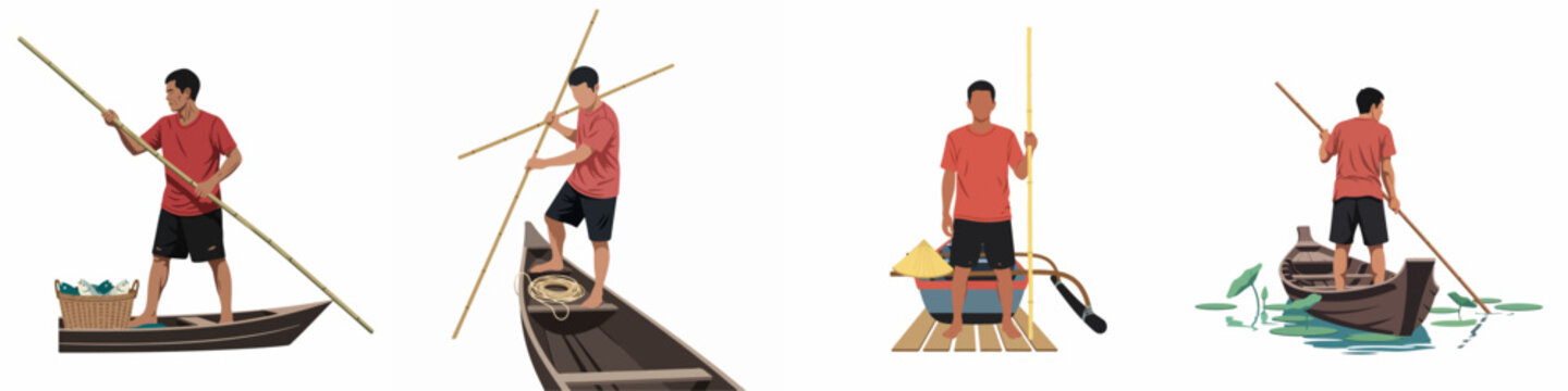 Set of four illustrations showing a traditional Asian fisherman in various poses on a wooden boat using a bamboo pole for fishing.