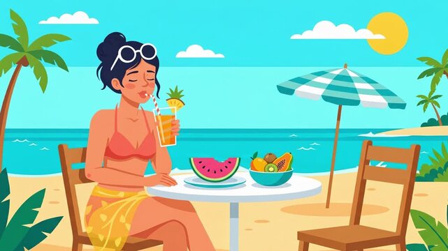 Animated happy woman drinking cocktail on sunny beach. Female character sitting at table with tropical fruit during summer vacation. Flat 2D cartoon animation loop. Travel lifestyle concept