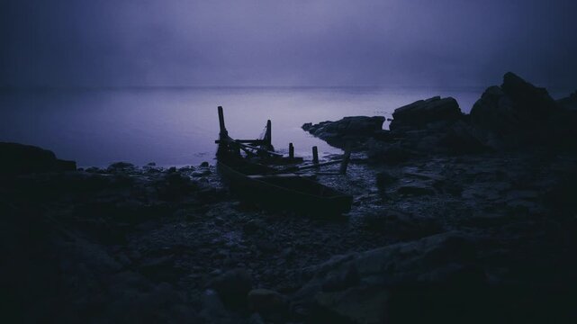 Salvage silhouette at cold dawn shore, broken structure framed by jagged rocks, faint light reveals raw textures, cinematic grain, mood of exploration