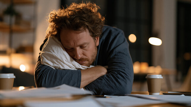 Exhausted startup founder slumped at a cluttered standing desk in a dimly lit industrial loft at late night, surrounded by scattered documents and cold coffee cups, conveying