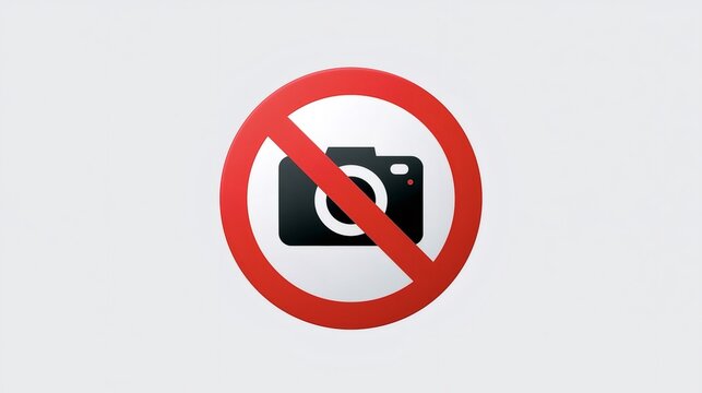Round red circular no photography sign with a crossed out camera icon, warning that taking pictures is prohibited in the area, simple, high contrast graphic for signage