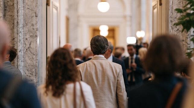 Central bank monetary policy committee members exit a formal chamber after an interest rate decision announcement, journalists waiting in marble corridor, economic press briefing