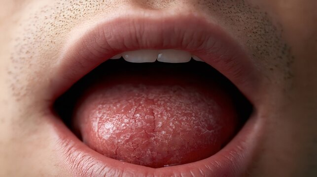 Person is opening mouth wide, revealing a dry, cracked, and heavily textured tongue, indicating symptoms of dehydration or xerostomia affecting oral health