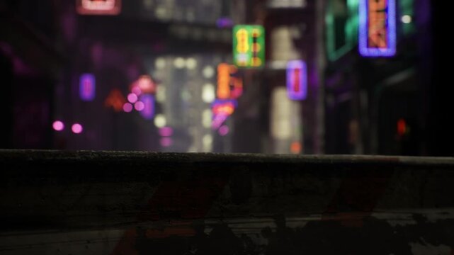 Neonsplashed blockade in foreground, distant purple and pink signage, damp street shimmer, gritty city mood perfect for noir or futuristic editorial use.