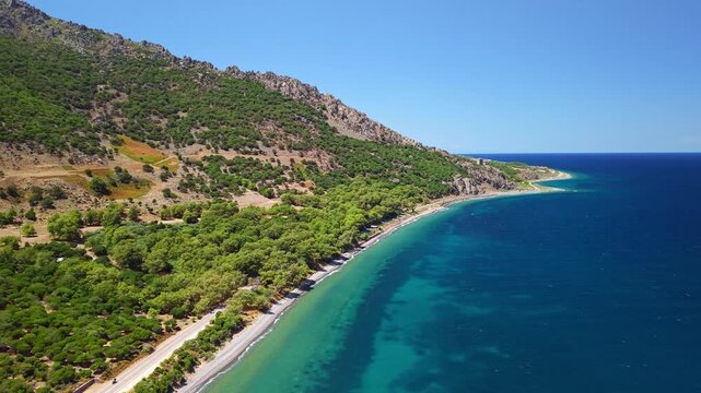 Aerial View of Scenic Coastal Road on Samothrace Island Greece