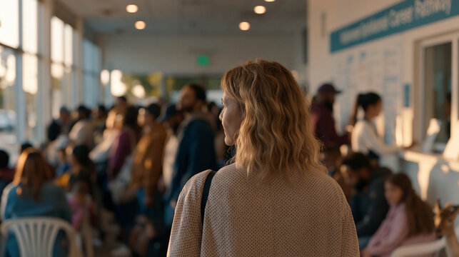 Long unemployment assistance queue fills municipal lobby with workers of various trades carrying tool bags and professional portfolios, intake worker calling numbers at window,