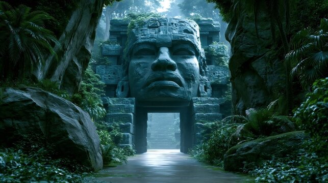 Ancient mayan or aztec inspired temple complex showing a giant carved stone face overseeing an overgrown pathway leading into a mysterious portal within the dense tropical rainforest