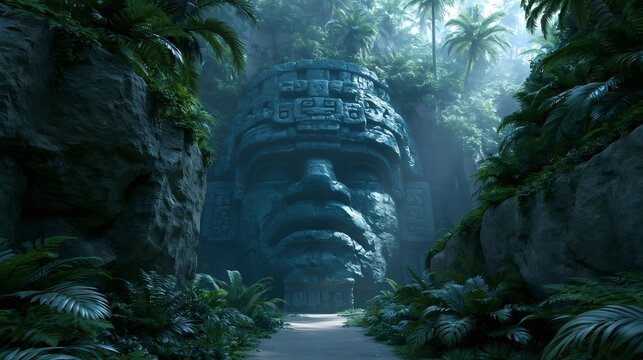 Ancient colossal head sculpture emerging from lush tropical foliage, creating an imposing and mysterious scene in a dense jungle with a path leading towards the carved monument