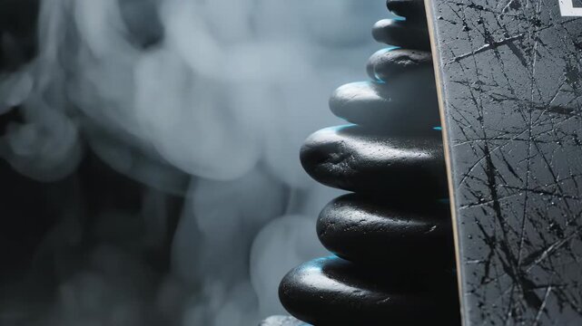 Stack of black zen stones surrounded by swirling white smoke. Calm spa treatment concept with textured surface. Balanced river rocks for relaxation and wellness